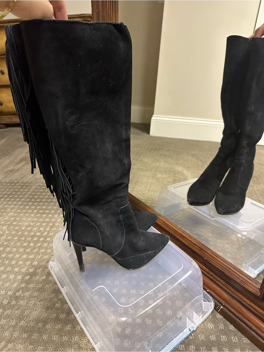 Neiman Marcus Black Suede Fringe Knee-High Stiletto Boots